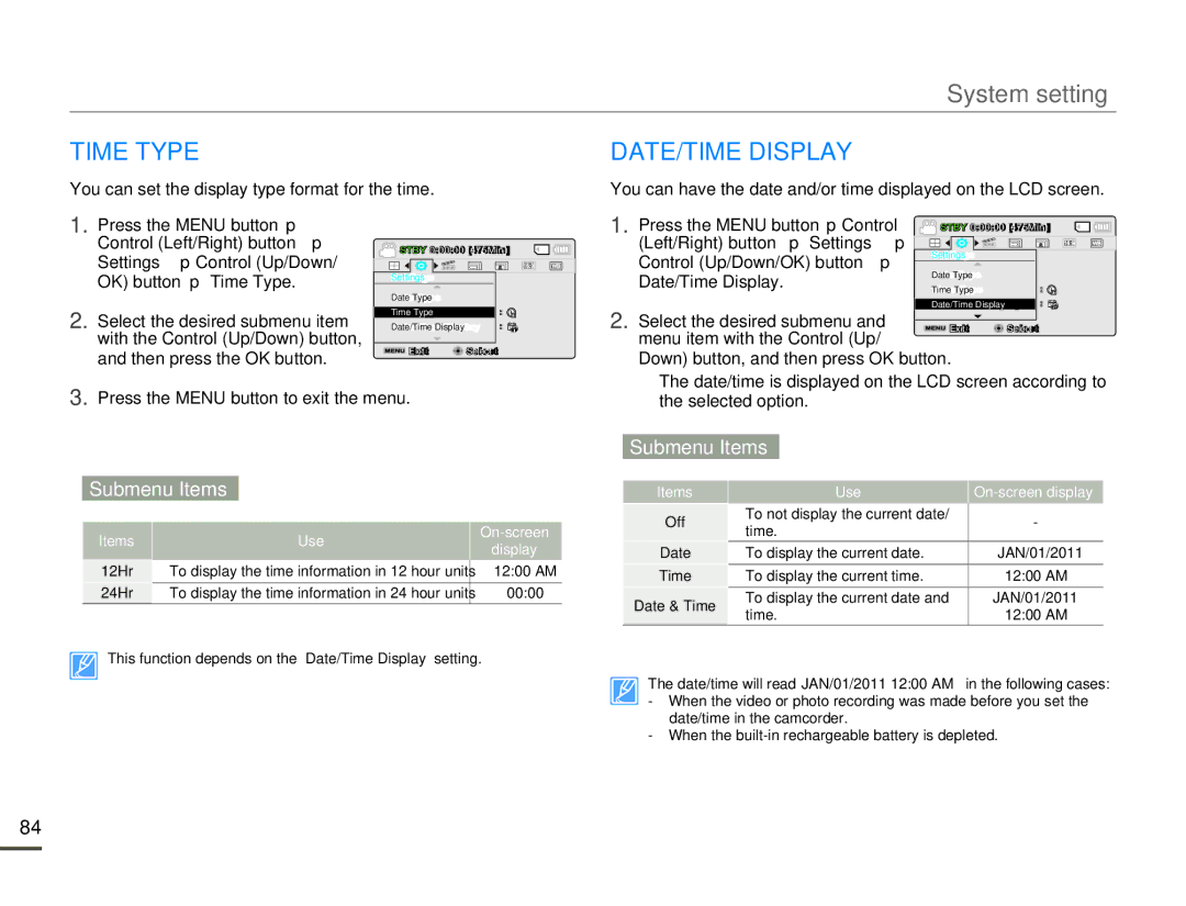 Samsung SMX-F54BN/SMX-F54RN/SMX-F54SN/SMX-F54UN user manual Time Type DATE/TIME Display, Left/Right button  Settings  