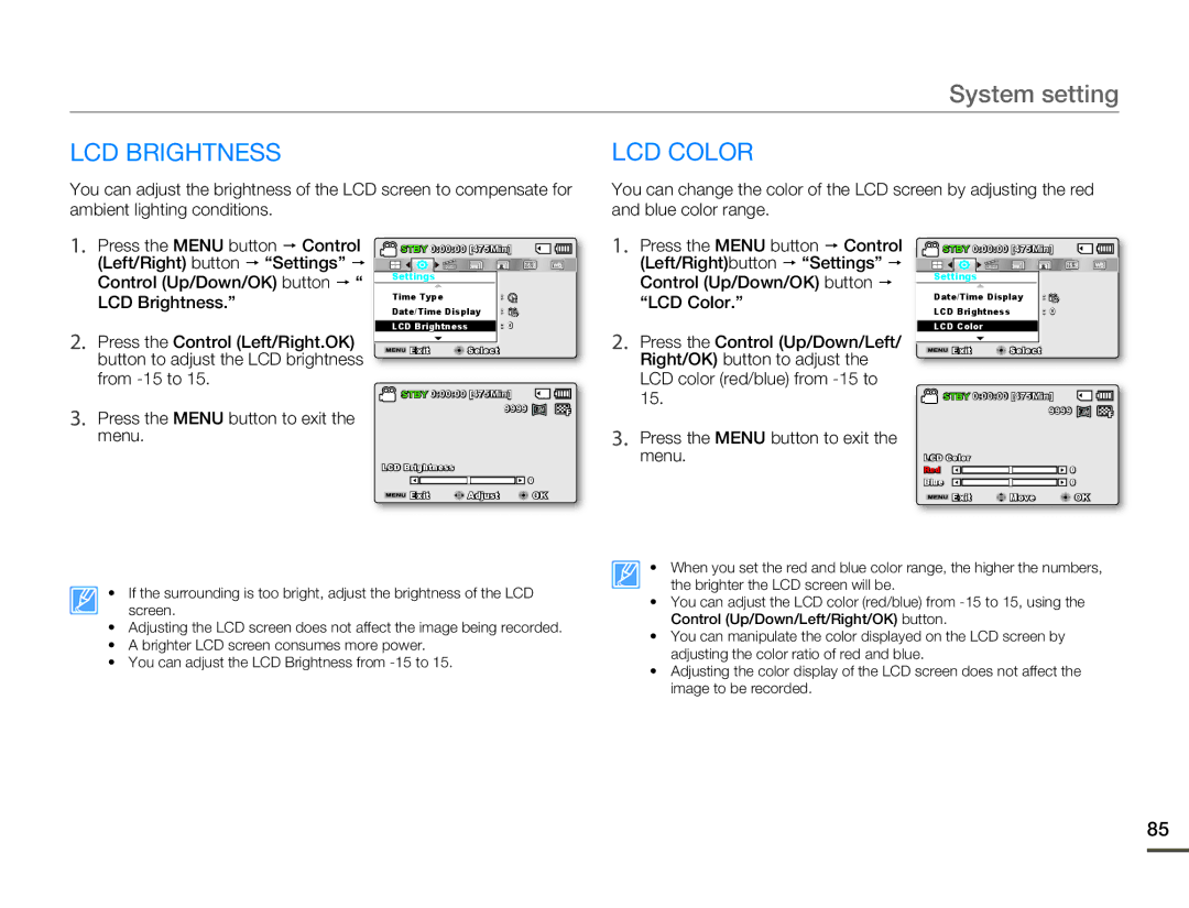 Samsung SMX-F530BN/SMX-F530RN/SMX-F530SN/SMX-F530UN user manual LCD Brightness LCD Color, Blue color range 