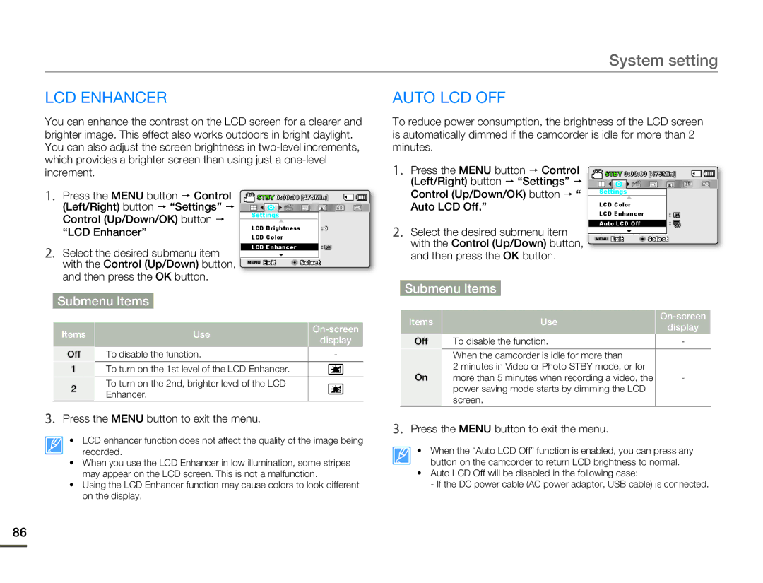 Samsung SMX-F50BN/SMX-F50RN/SMX-F50SN/SMX-F50UN user manual LCD Enhancer Auto LCD OFF, Auto LCD Off 