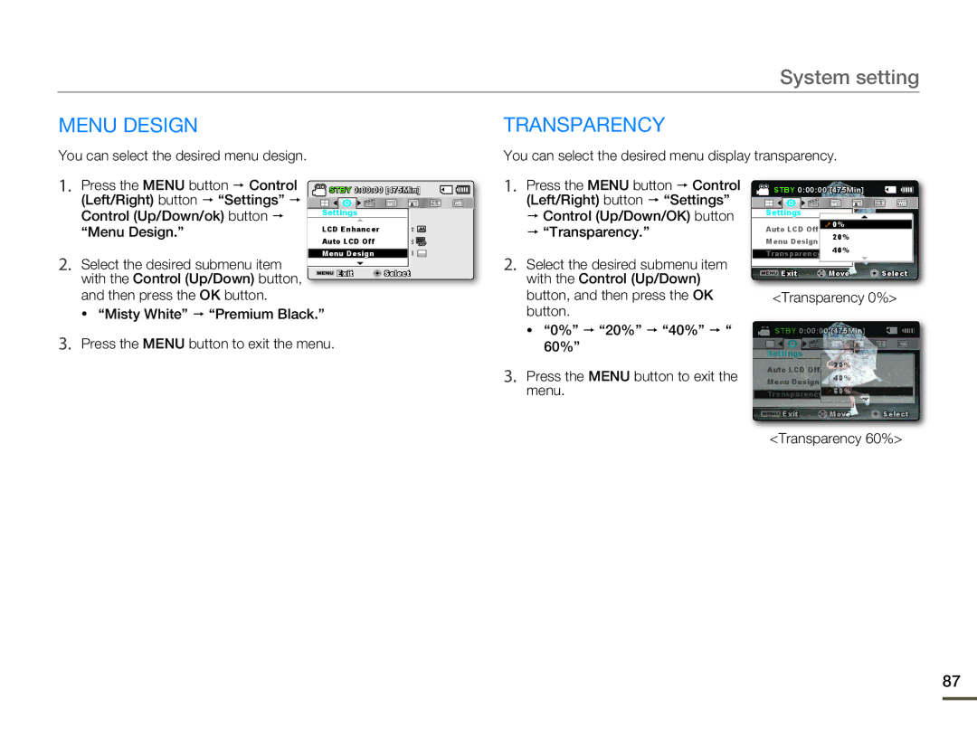 Samsung SMX-F53BN/SMX-F53RN/SMX-F53SN/SMX-F53UN user manual Menu Design Transparency,  20%  40% , 60% 