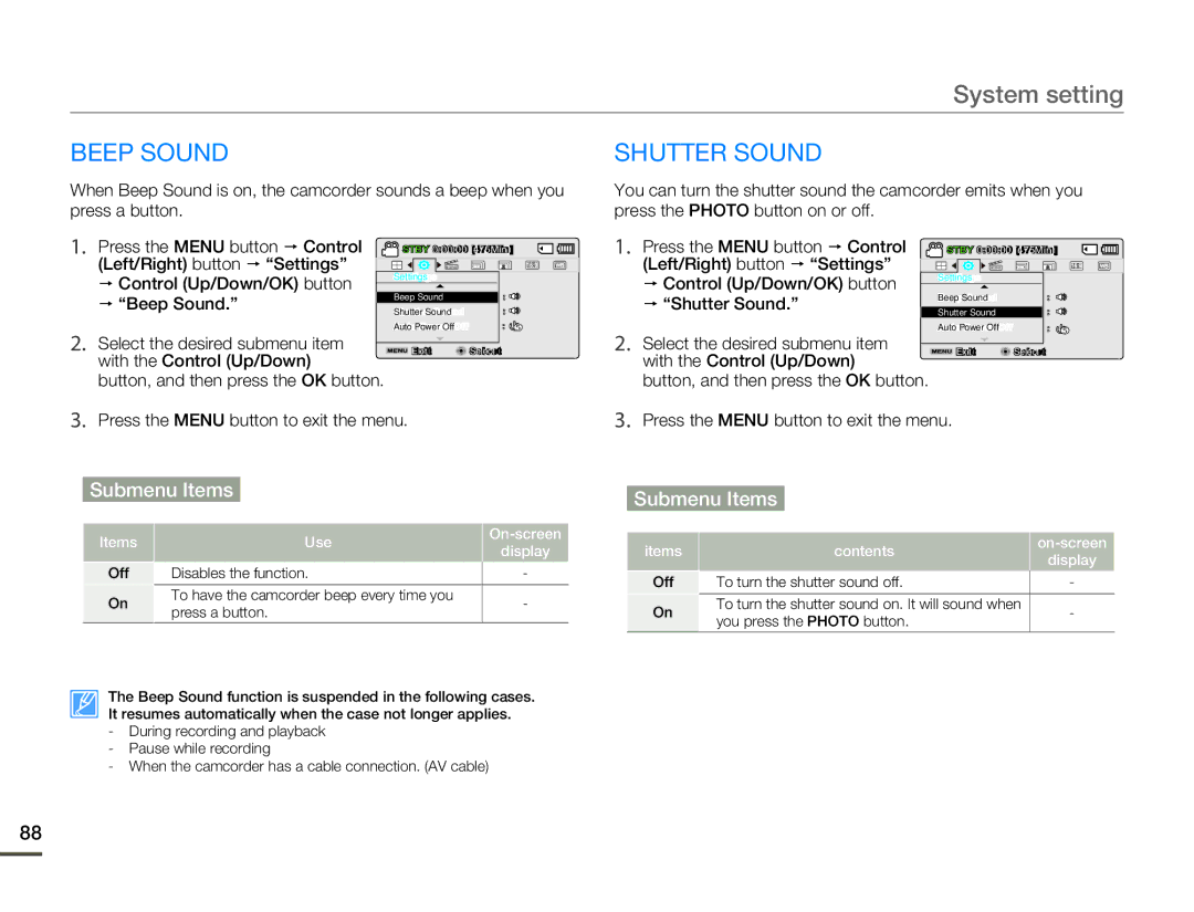 Samsung SMX-F500BN/SMX-F500RN/SMX-F500SN/SMX-F500UN user manual Beep Sound Shutter Sound,  Beep Sound,  Shutter Sound 