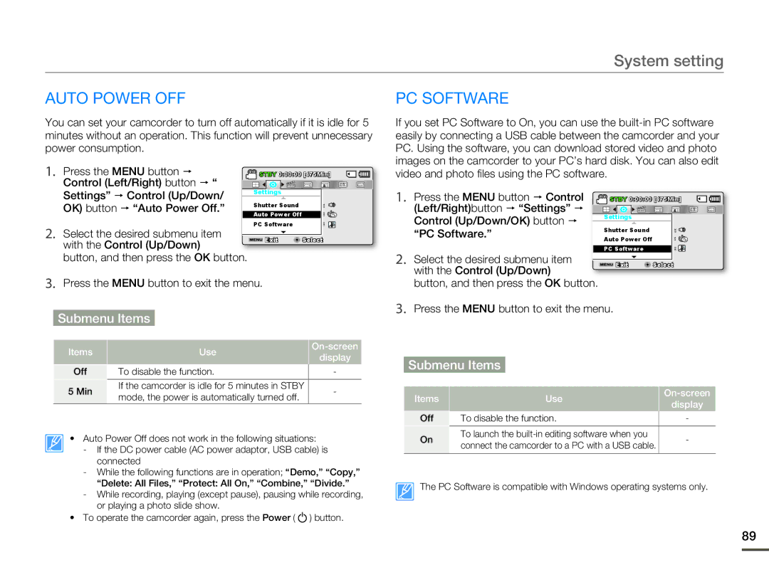 Samsung SMX-F54BN/SMX-F54RN/SMX-F54SN/SMX-F54UN Auto Power OFF, Settings  Control Up/Down, OK button  Auto Power Off 