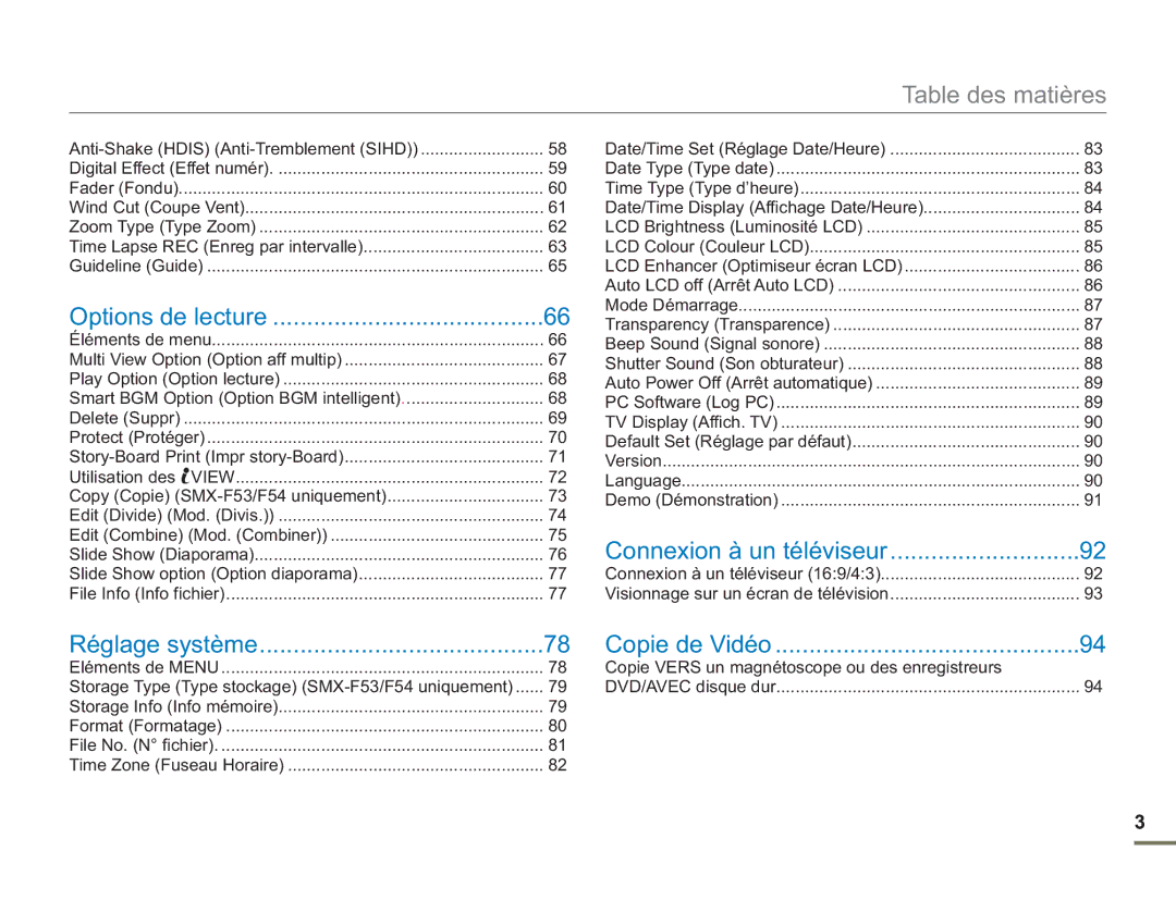 Samsung SMX-F54BP/EDC manual Anti-Shake Hdis Anti-Tremblement Sihd, Copie Vers un magnétoscope ou des enregistreurs 