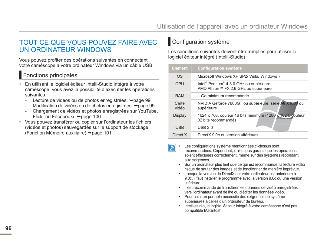 Samsung SMX-F500BP/EDC, SMX-F54RP/MEA manual Tout CE QUE Vous Pouvez Faire Avec UN Ordinateur Windows, Fonctions principales 