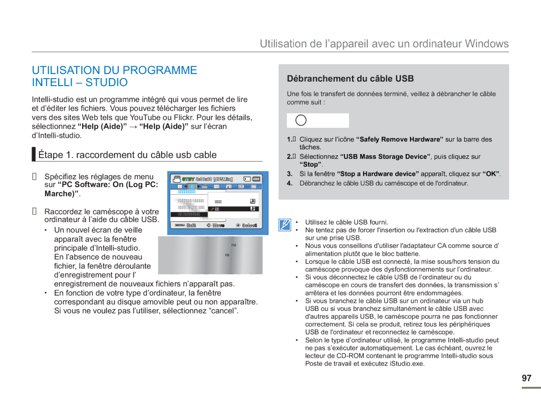 Samsung SMX-F54RP/MEA manual Utilisation DU Programme Intelli Studio, Étape 1. raccordement du câble usb cable, Marche 