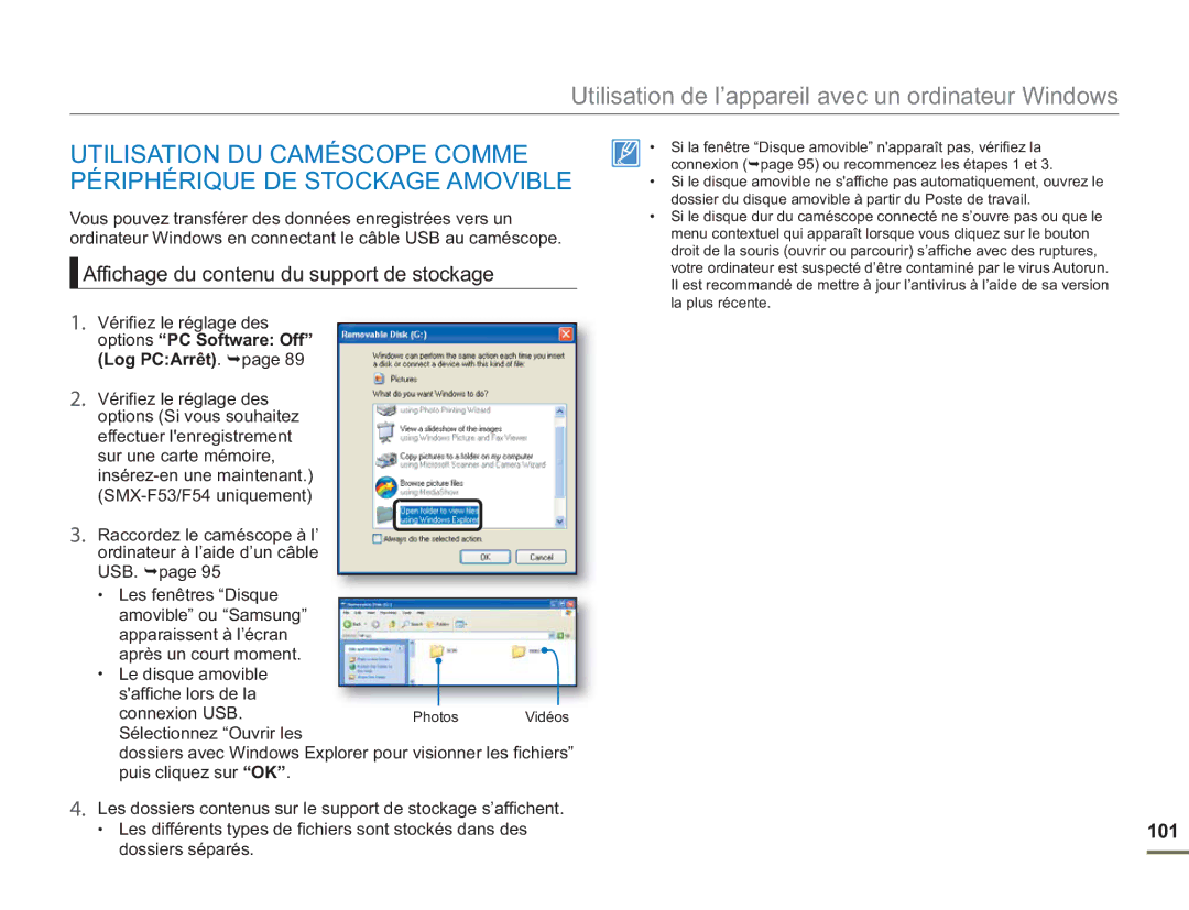 Samsung SMX-F54SP/MEA, SMX-F54RP/MEA, SMX-F50BP/EDC, SMX-F54BP/EDC manual Affichage du contenu du support de stockage, 101 