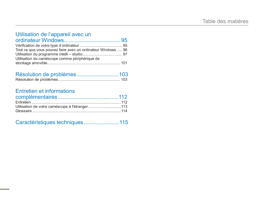 Samsung SMX-F50RP/EDC, SMX-F54RP/MEA manual Utilisation de l’appareil avec un, 103, Entretien et informations, 112, 115 