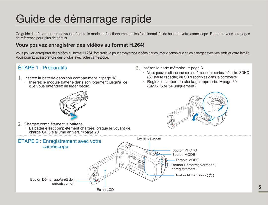 Samsung SMX-F54SP/MEA, SMX-F54RP/MEA, SMX-F50BP/EDC, SMX-F54BP/EDC manual Guide de démarrage rapide, Insérez la carte mémoire 