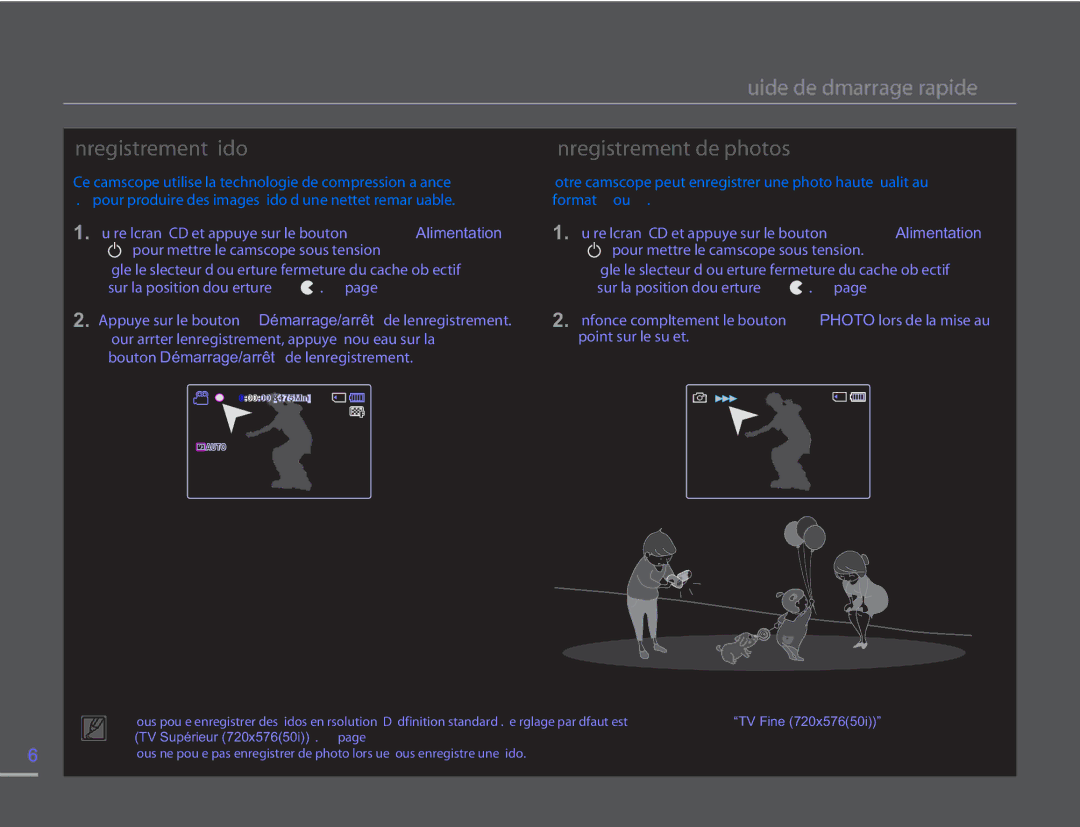 Samsung SMX-F500XP/EDC, SMX-F54RP/MEA manual Guide de démarrage rapide, Enregistrement vidéo Enregistrement de photos 