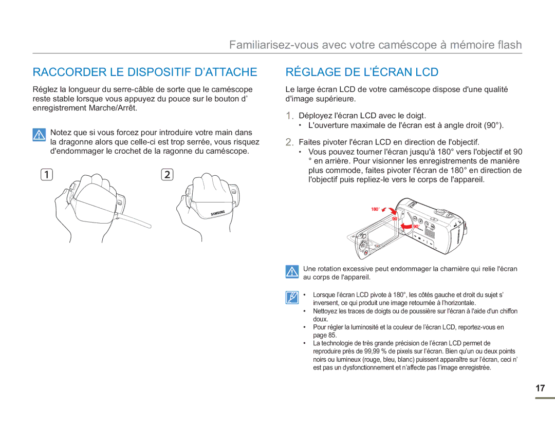 Samsung SMX-F54RP/MEA, SMX-F50BP/EDC, SMX-F54BP/EDC, SMX-F50RP/EDC Raccorder LE Dispositif D’ATTACHE, Réglage DE L’ÉCRAN LCD 