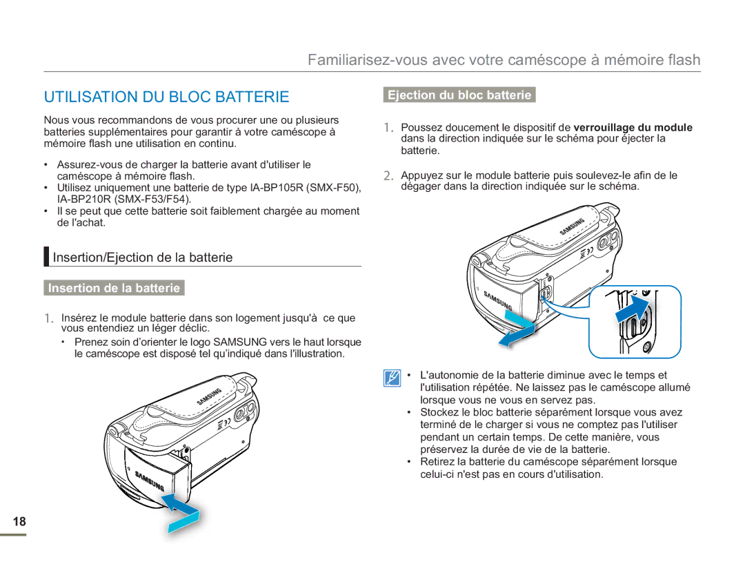 Samsung SMX-F50BP/EDC manual Utilisation DU Bloc Batterie, Insertion/Ejection de la batterie, Insertion de la batterie 