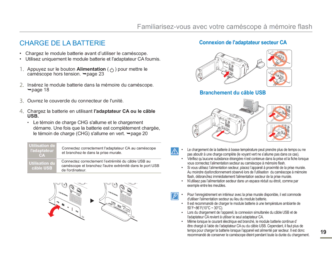 Samsung SMX-F54BP/EDC, SMX-F54RP/MEA, SMX-F50BP/EDC, SMX-F50RP/EDC manual Le témoin de charge CHG sallume et le chargement 