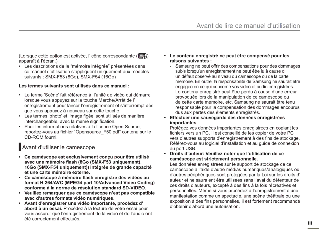 Samsung SMX-F50RP/EDC, SMX-F54RP/MEA Avant d’utiliser le camescope, Iii, Les termes suivants sont utilisés dans ce manuel 