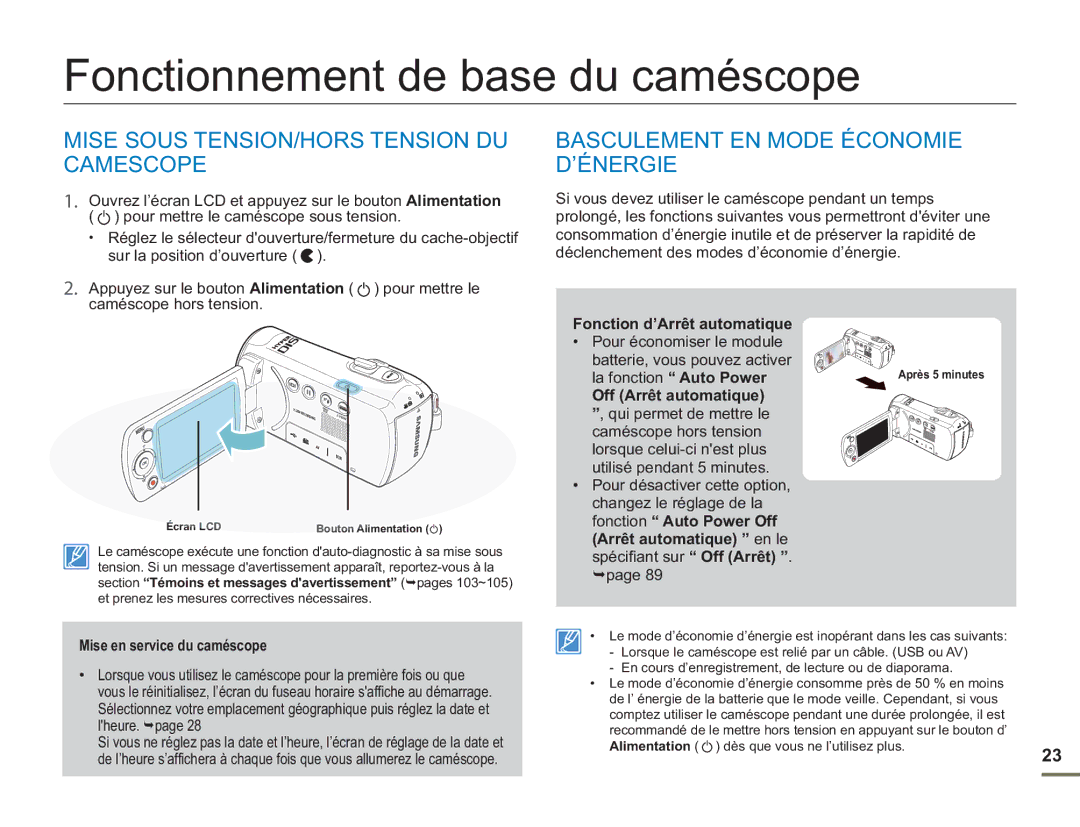 Samsung SMX-F54BP/MEA, SMX-F54RP/MEA manual Fonctionnement de base du caméscope, Mise Sous TENSION/HORS Tension DU Camescope 