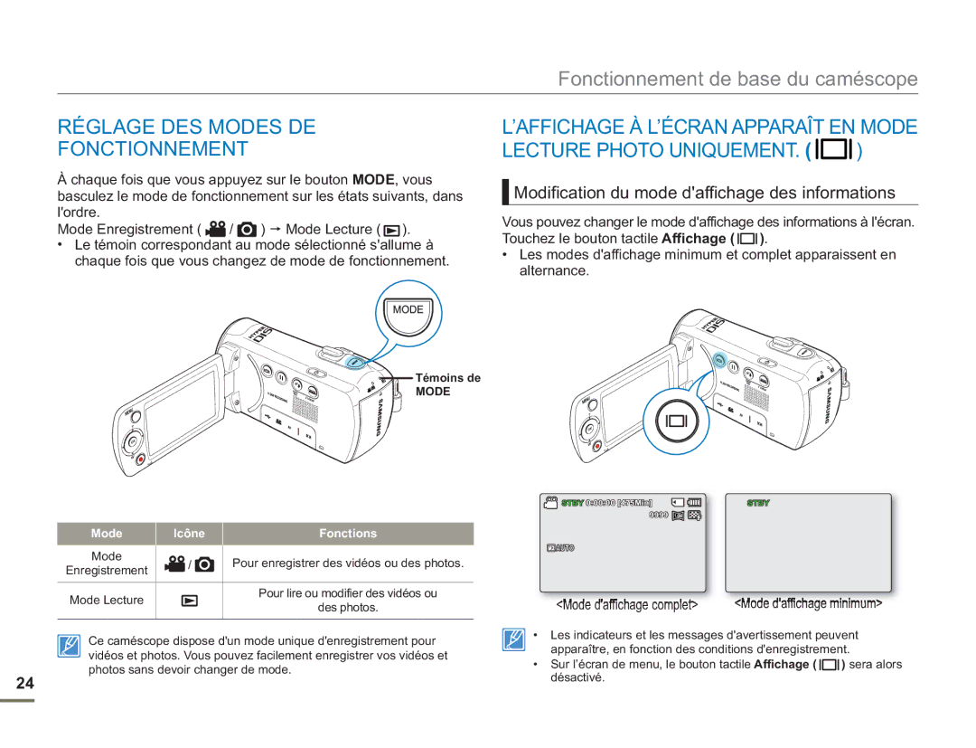 Samsung SMX-F500BP/EDC Réglage DES Modes DE Fonctionnement, Modification du mode daffichage des informations, Témoins de 