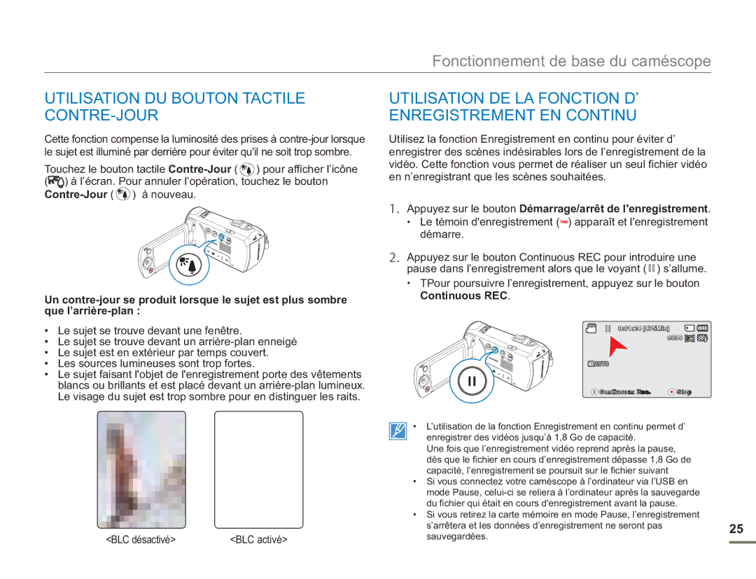 Samsung SMX-F54RP/MEA, SMX-F50BP/EDC, SMX-F54BP/EDC BLC désactivé, Appuyez sur le bouton Démarrage/arrêt de lenregistrement 