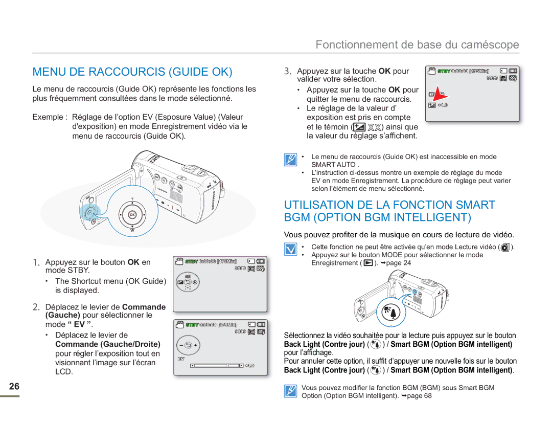 Samsung SMX-F50BP/EDC manual Menu DE Raccourcis Guide OK, Utilisation DE LA Fonction Smart BGM Option BGM Intelligent 