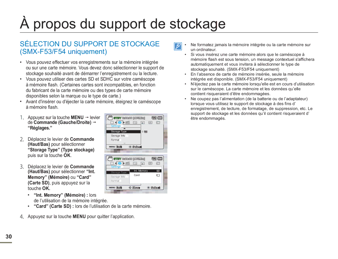 Samsung SMX-F500XP/EDC Propos du support de stockage, Sélection DU Support DE Stockage SMX-F53/F54 uniquement, Réglages 