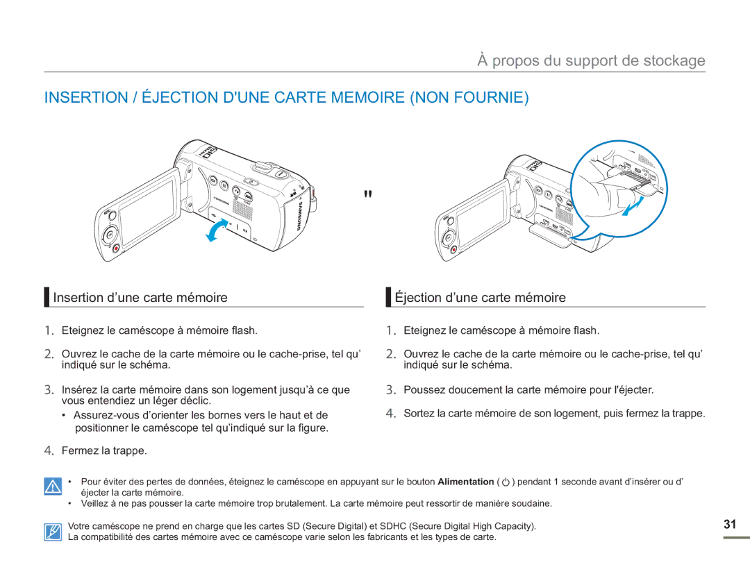 Samsung SMX-F54BP/MEA, SMX-F54RP/MEA Insertion / Éjection Dune Carte Memoire NON Fournie, Insertion d’une carte mémoire 