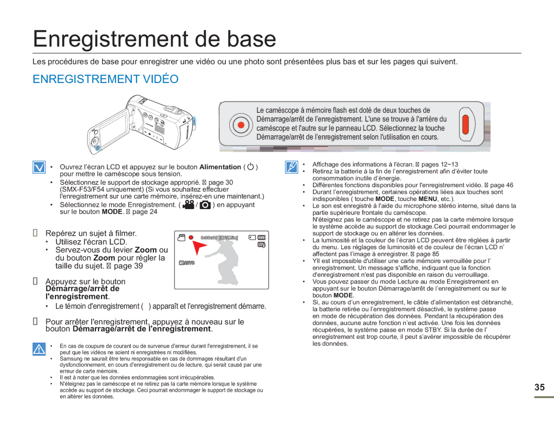 Samsung SMX-F54BP/EDC manual Enregistrement de base, Enregistrement Vidéo, Repérez un sujet à filmer, Utilisez lécran LCD 