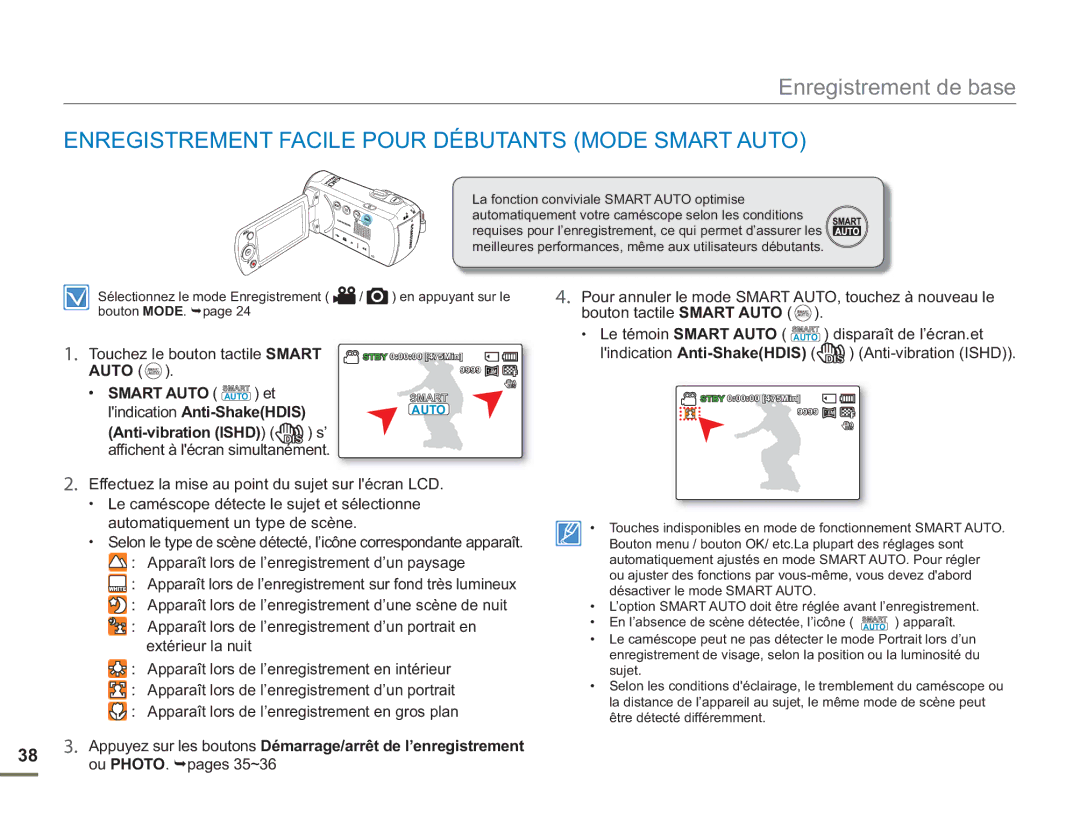 Samsung SMX-F500XP/EDC, SMX-F54RP/MEA manual Enregistrement Facile Pour Débutants Mode Smart Auto, Smart Auto Smart Auto et 