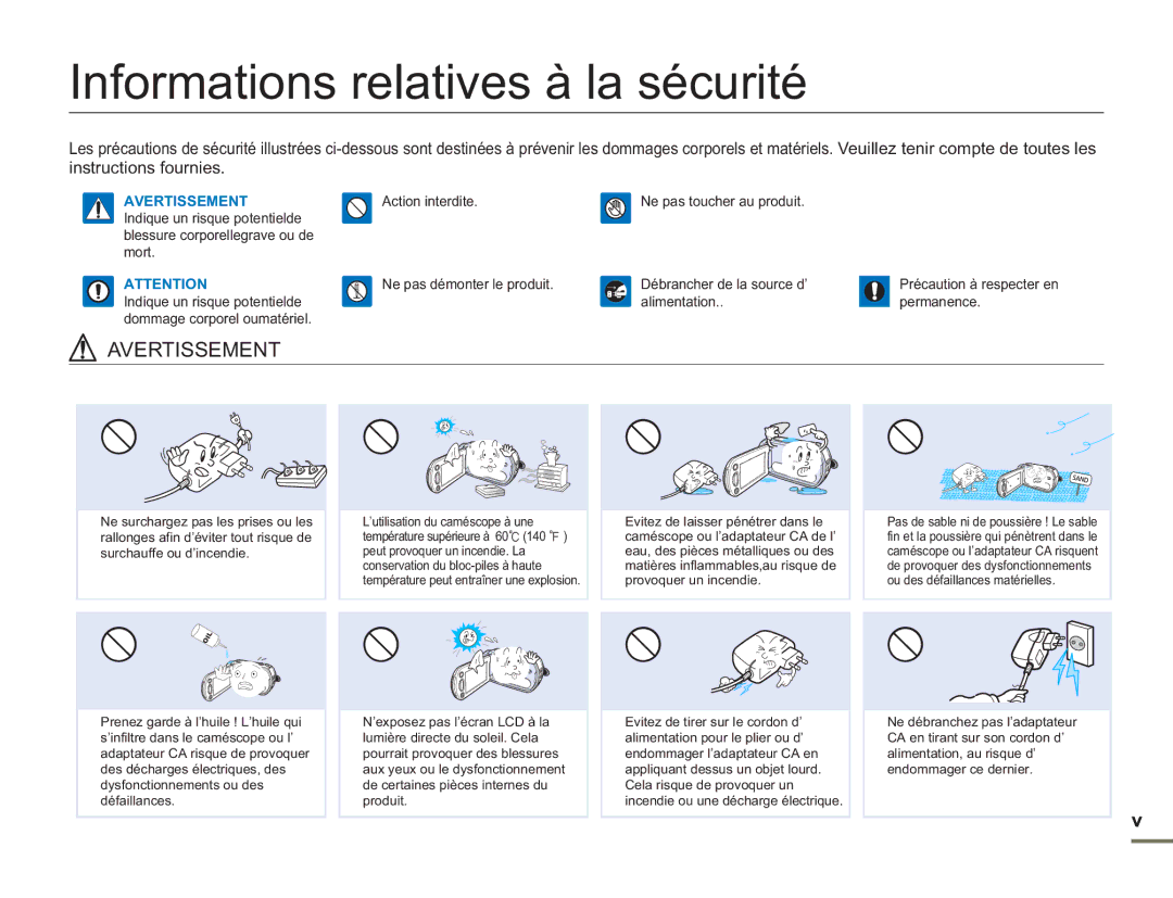 Samsung SMX-F500XP/EDC, SMX-F54RP/MEA, SMX-F50BP/EDC, SMX-F54BP/EDC manual Informations relatives à la sécurité, Avertissement 