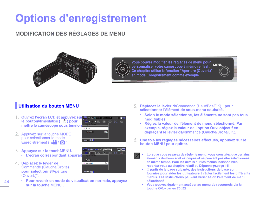 Samsung SMX-F50RP/EDC manual Options d’enregistrement, Modification DES Réglages DE Menu, Utilisation du bouton Menu 