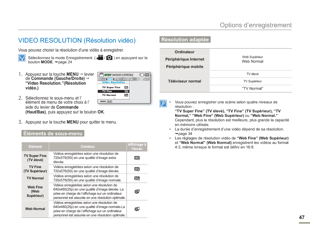 Samsung SMX-F54BP/MEA manual Vous pouvez choisir la résolution d’une vidéo à enregistrer, De Commande Gauche/Droite, Vidéo 