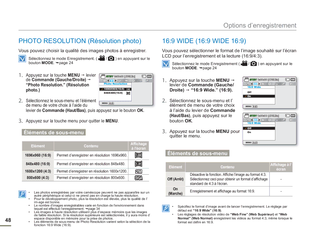 Samsung SMX-F500BP/EDC, SMX-F54RP/MEA Photo Resolution Résolution photo, Wide 169 Wide, Photo Resolution. Résolution photo 