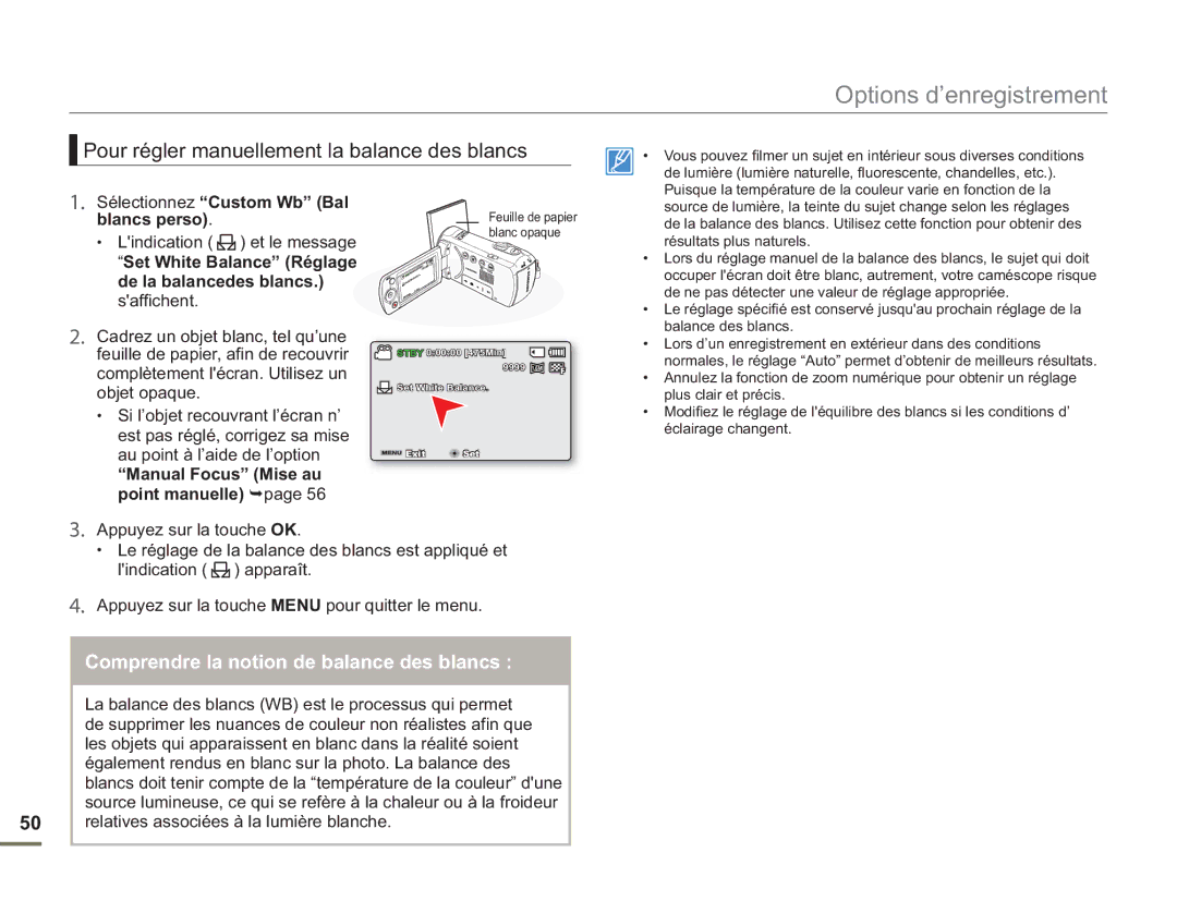 Samsung SMX-F50BP/EDC manual Pour régler manuellement la balance des blancs, Comprendre la notion de balance des blancs 