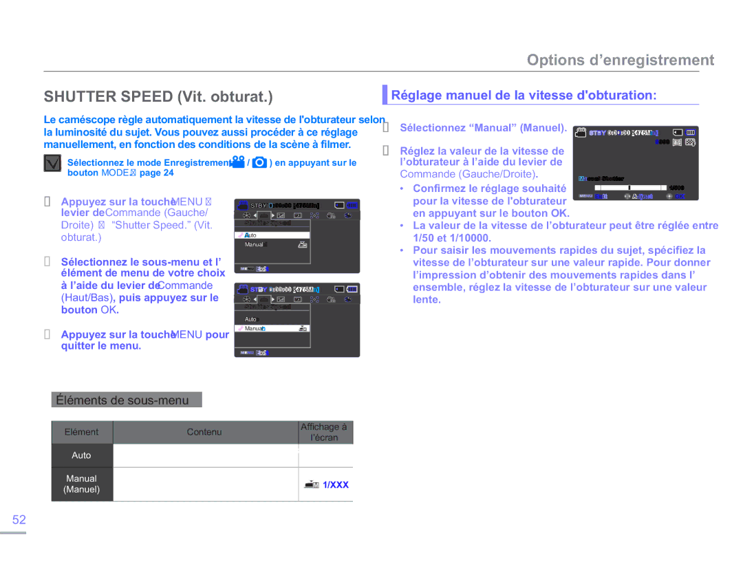 Samsung SMX-F50RP/EDC manual Shutter Speed Vit. obturat, Réglage manuel de la vitesse dobturation, Commande Gauche/Droite 