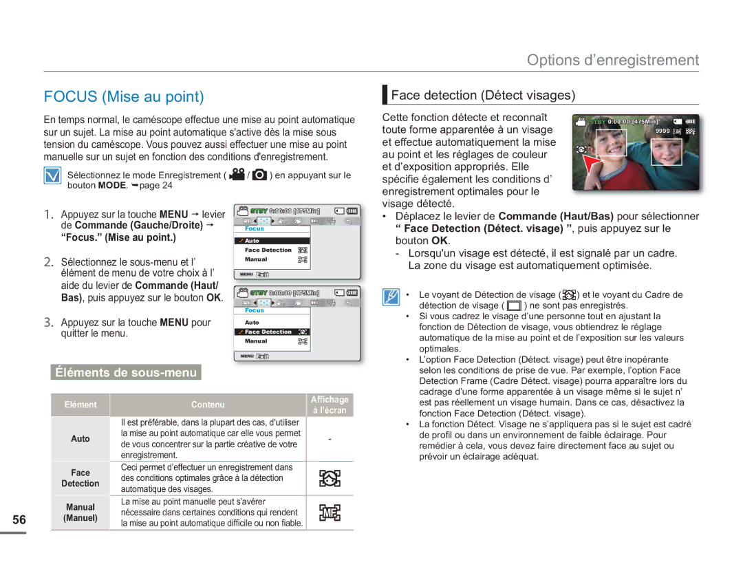 Samsung SMX-F500BP/EDC manual Focus Mise au point, Face detection Détect visages, Focus. Mise au point, Quitter le menu 