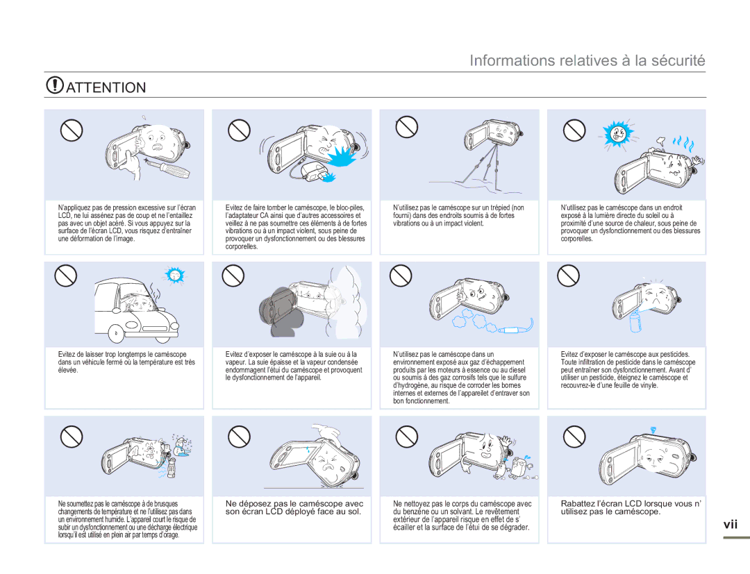 Samsung SMX-F500BP/EDC, SMX-F54RP/MEA, SMX-F50BP/EDC, SMX-F54BP/EDC, SMX-F50RP/EDC, SMX-F54SP/MEA, SMX-F500XP/EDC manual Vii 