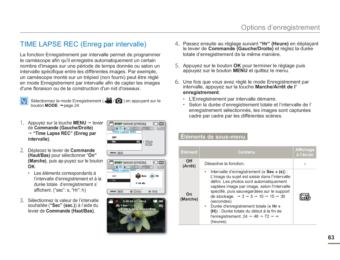 Samsung SMX-F54BP/MEA, SMX-F54RP/MEA, SMX-F50BP/EDC, SMX-F54BP/EDC manual Time Lapse REC Enreg par intervalle, Enregistrement 