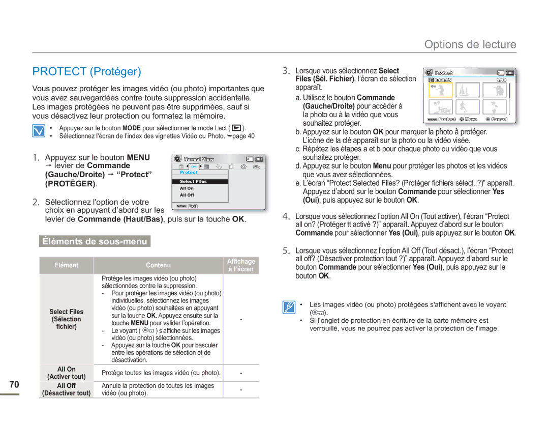 Samsung SMX-F500XP/EDC, SMX-F54RP/MEA, SMX-F50BP/EDC manual Gauche/Droite pour accéder à, Gauche/Droite Protect Protéger 