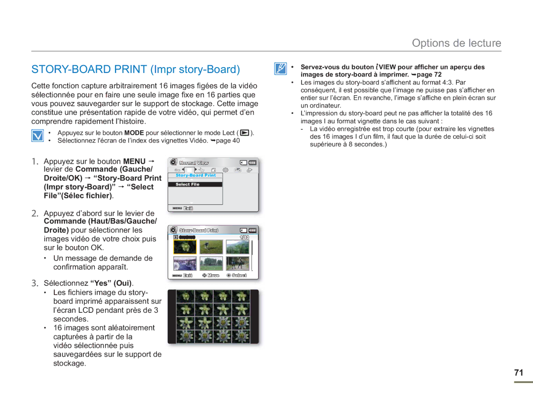 Samsung SMX-F54BP/MEA, SMX-F54RP/MEA, SMX-F50BP/EDC STORY-BOARD Print Impr story-Board, Appuyez d’abord sur le levier de 