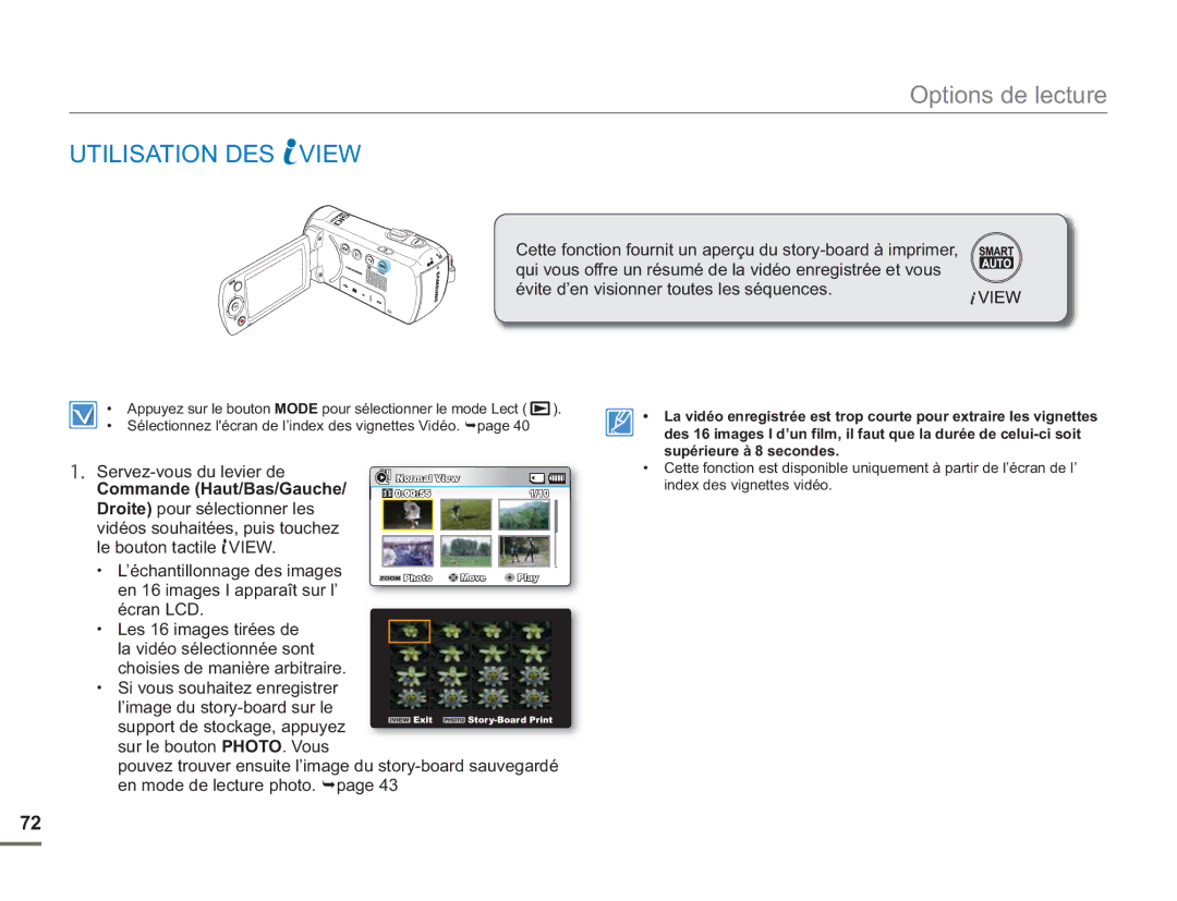 Samsung SMX-F500BP/EDC, SMX-F54RP/MEA manual Utilisation DES View, Servez-vous du levier de, Supérieure à 8 secondes 