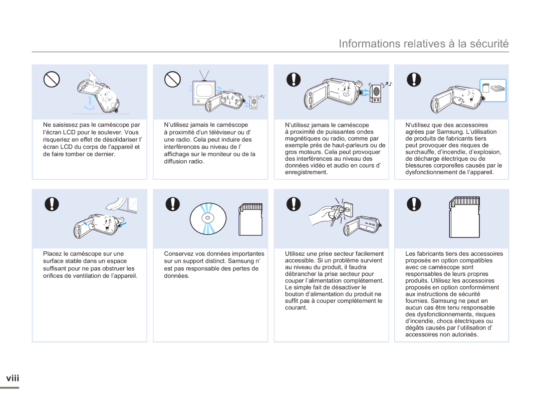 Samsung SMX-F54RP/MEA, SMX-F50BP/EDC, SMX-F54BP/EDC, SMX-F50RP/EDC, SMX-F54SP/MEA, SMX-F500XP/EDC, SMX-F54BP/MEA manual Viii 