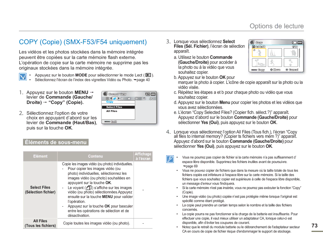 Samsung SMX-F54RP/MEA, SMX-F50BP/EDC Copy Copie SMX-F53/F54 uniquement, Droite Copy Copie, Levier de Commande Haut/Bas 