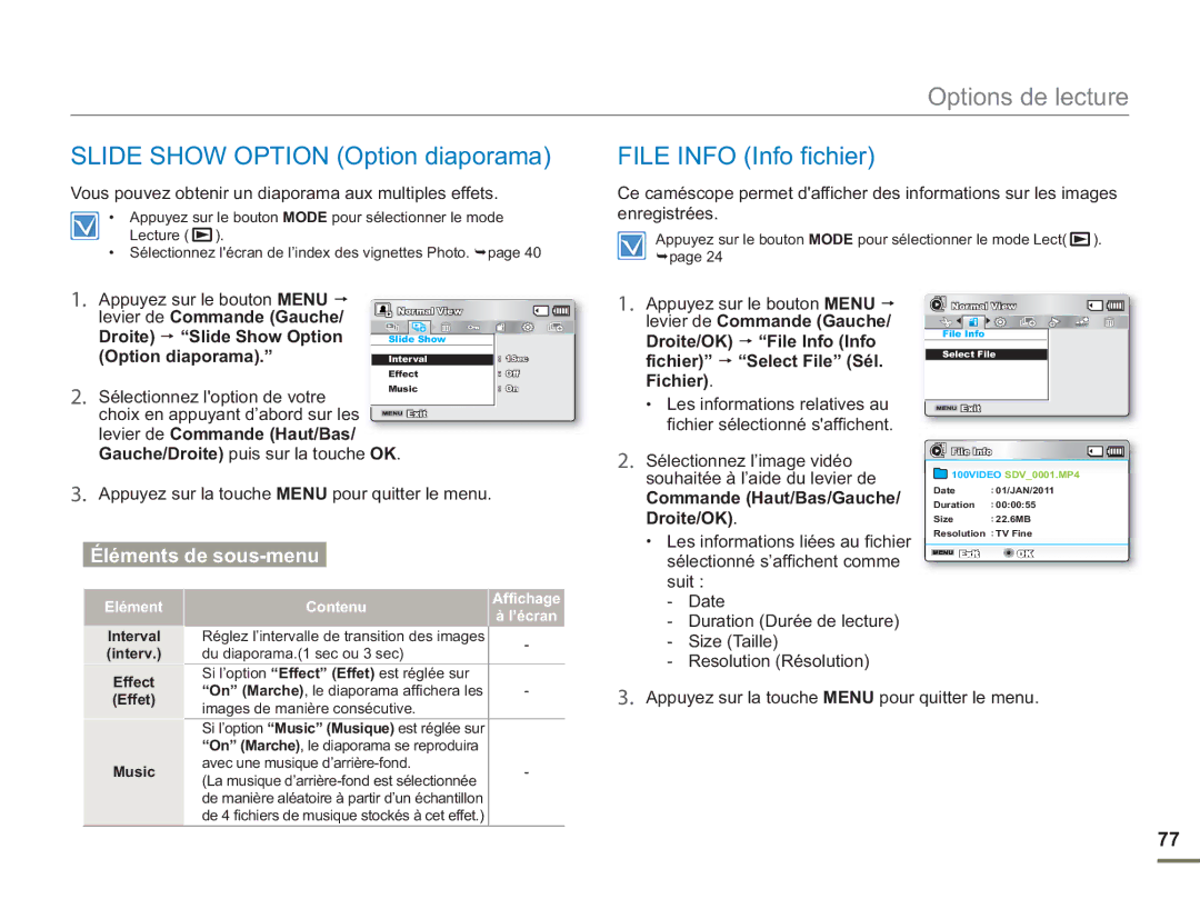 Samsung SMX-F54SP/MEA, SMX-F54RP/MEA Slide Show Option Option diaporama, File Info Info fichier, Droite Slide Show Option 