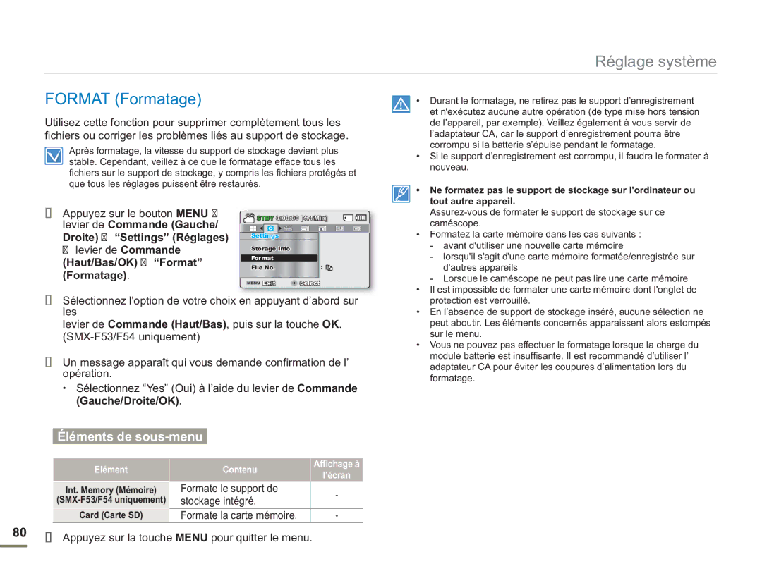 Samsung SMX-F500BP/EDC manual Levier de Commande Haut/Bas/OK Format Formatage, Formate le support de Stockage intégré 