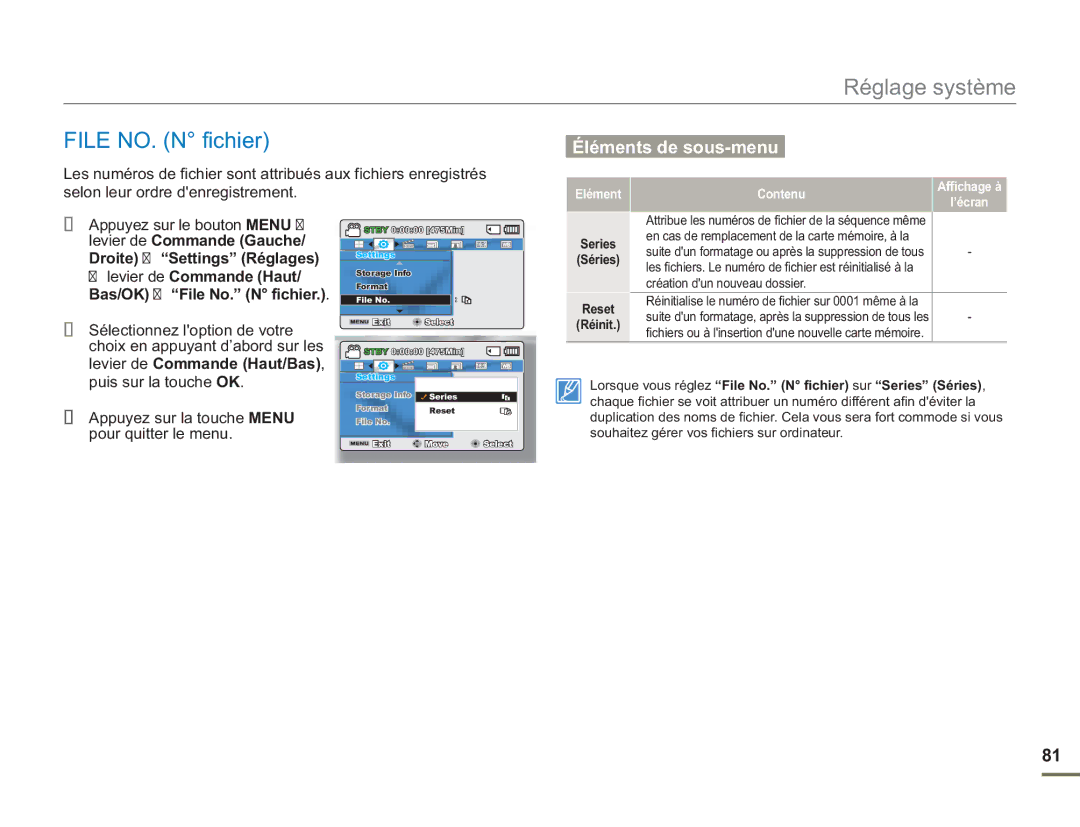 Samsung SMX-F54RP/MEA, SMX-F50BP/EDC, SMX-F54BP/EDC manual File NO. N fichier, Selon leur ordre denregistrement, Series 