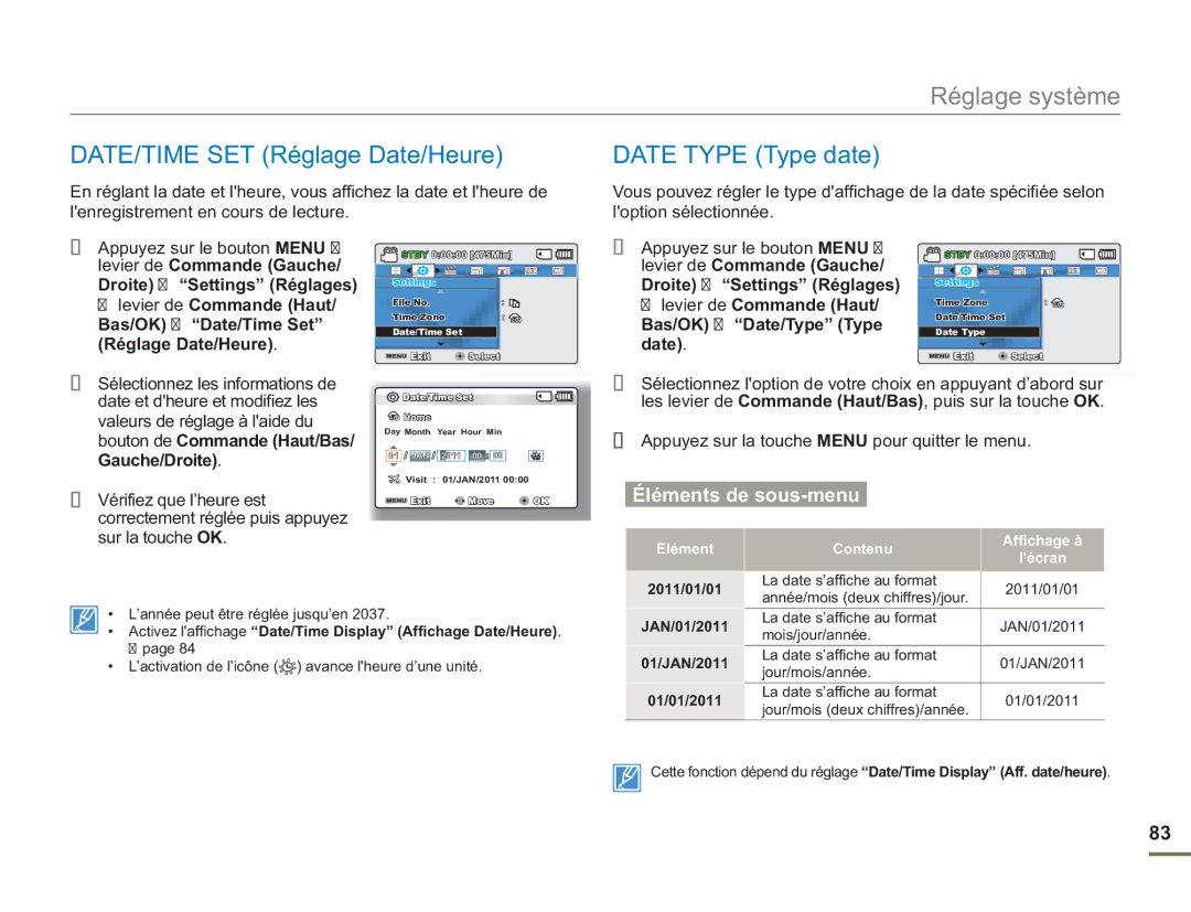 Samsung SMX-F54BP/EDC DATE/TIME SET Réglage Date/Heure, Date Type Type date, Levier de Commande Haut, Bas/OK Date/Time Set 