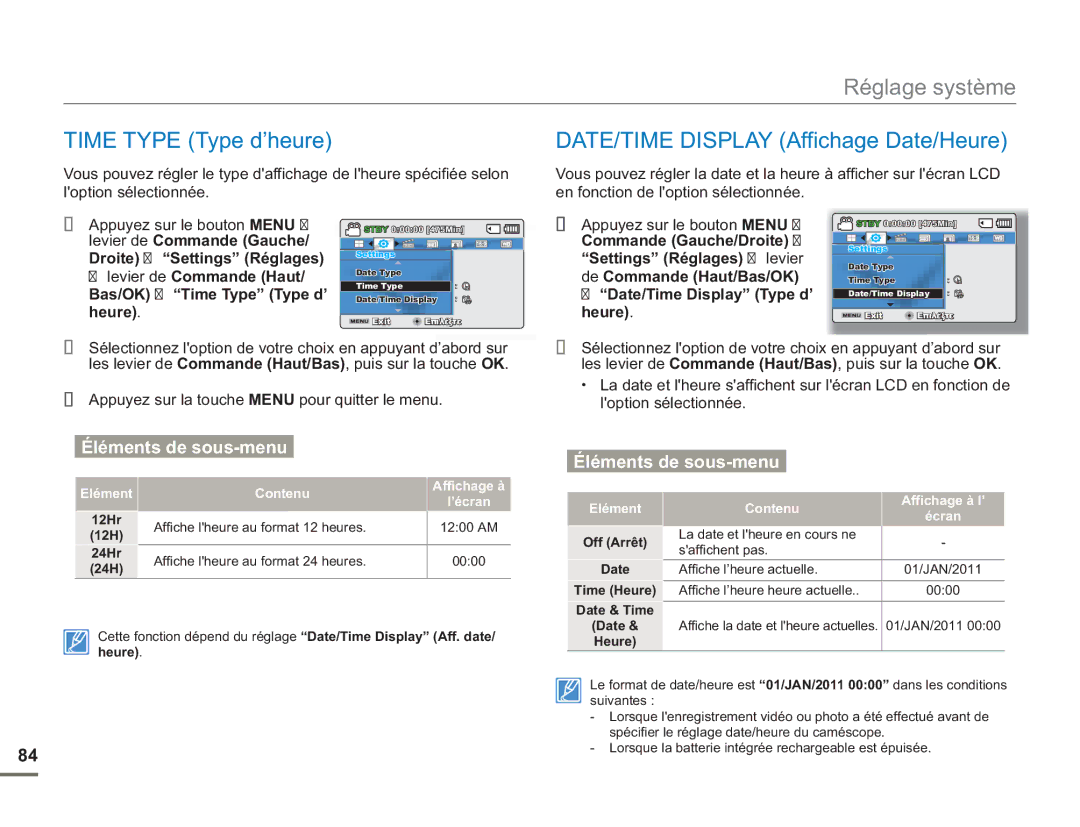 Samsung SMX-F50RP/EDC manual De Commande Haut/Bas/OK Date/Time Display Type d’ heure, Off Arrêt Date Time Heure Date & Time 