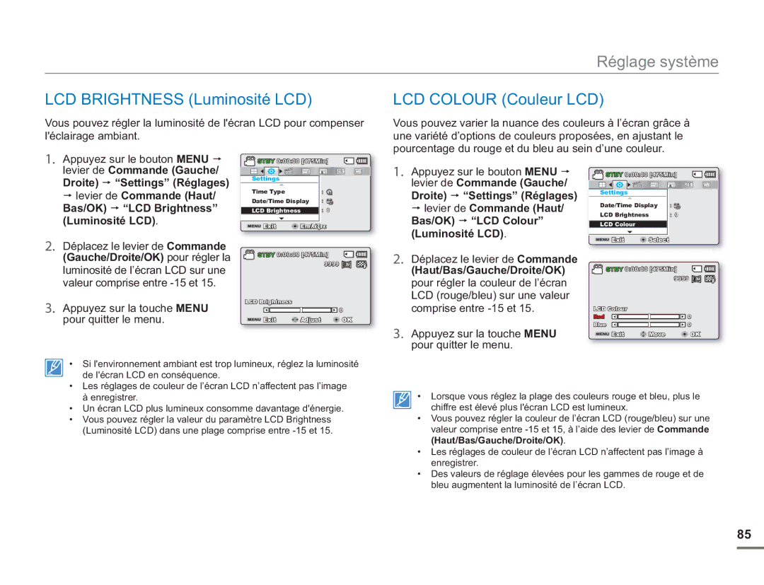 Samsung SMX-F54SP/MEA, SMX-F54RP/MEA, SMX-F50BP/EDC, SMX-F54BP/EDC LCD Brightness Luminosité LCD, LCD Colour Couleur LCD 