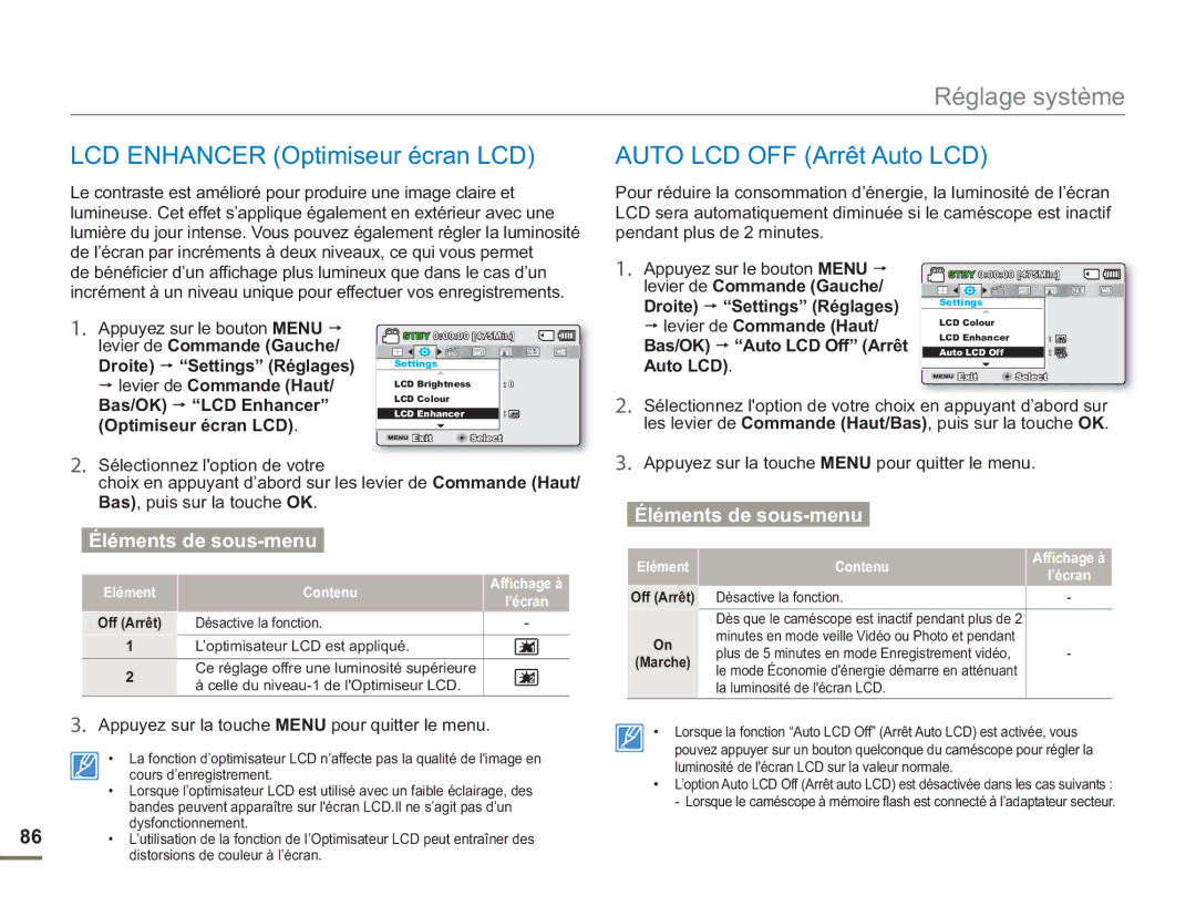 Samsung SMX-F500XP/EDC manual Auto LCD, Optimiseur écran LCD, Sélectionnez loption de votre choix en appuyant d’abord sur 