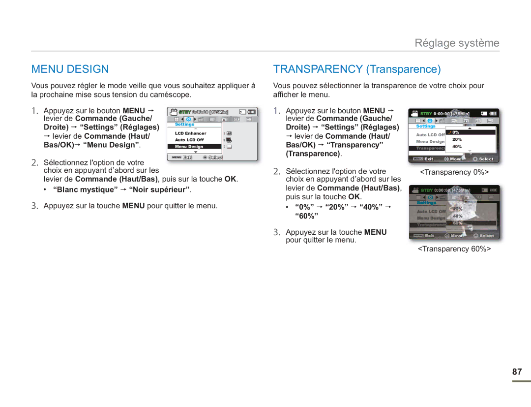 Samsung SMX-F54BP/MEA, SMX-F54RP/MEA, SMX-F50BP/EDC, SMX-F54BP/EDC, SMX-F50RP/EDC manual Menu Design, Transparency Transparence 