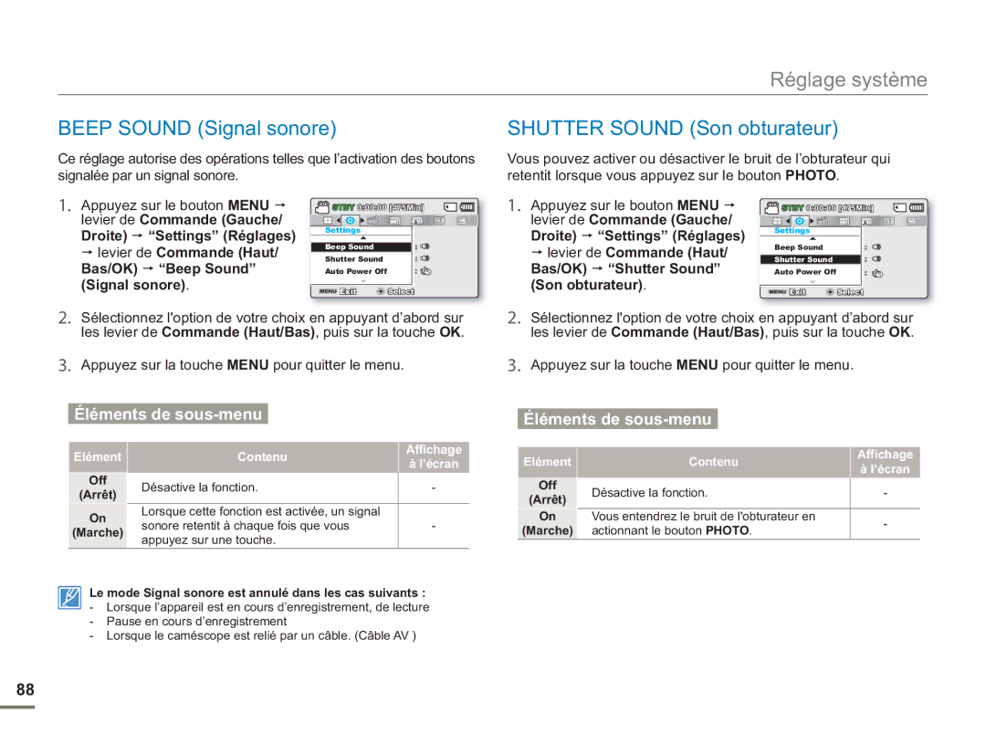 Samsung SMX-F500BP/EDC, SMX-F54RP/MEA, SMX-F50BP/EDC, SMX-F54BP/EDC Beep Sound Signal sonore, Shutter Sound Son obturateur 