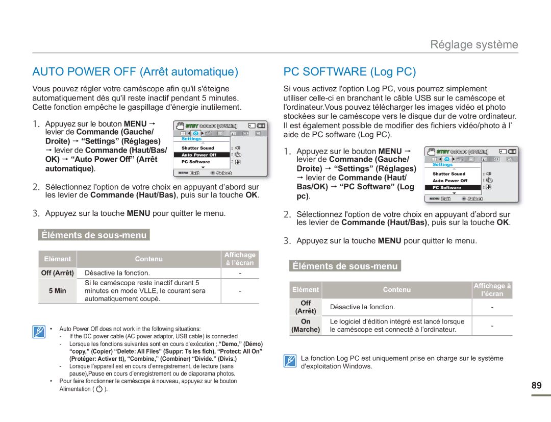 Samsung SMX-F54RP/MEA manual Auto Power OFF Arrêt automatique PC Software Log PC, OK Auto Power Off Arrêt, Automatique 