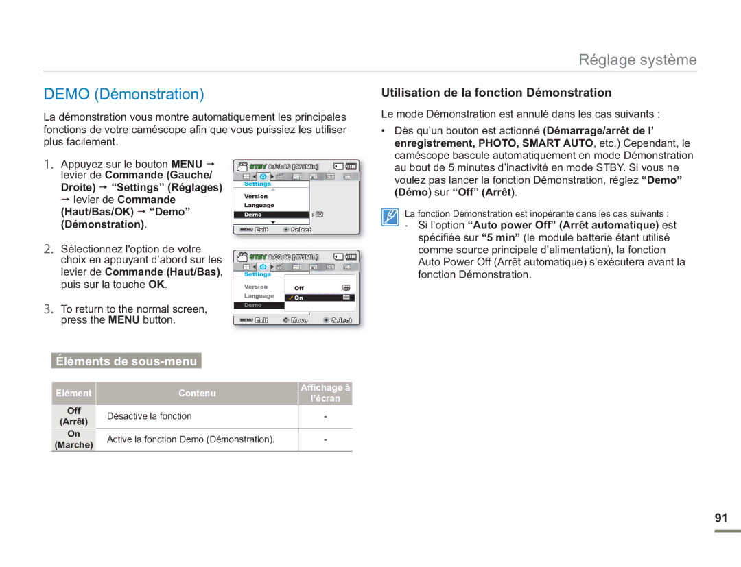 Samsung SMX-F54BP/EDC, SMX-F54RP/MEA, SMX-F50BP/EDC manual Demo Démonstration, Utilisation de la fonction Démonstration 